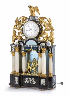 Biedermeier-Kommodenuhr mit Spielwerk, bezeichnet Ferd. Strahal in Tabor, südlich Prag, um 1830/35 - Vánoční aukce Salzburg- obrazy, koberce, nábytek