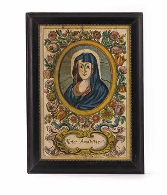 "Mater Amabilis", die Gottesmutter Maria in Blumen und Kreuzigung - Vánoční aukce - obrazy, koberce, nábytek