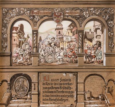 Winzer Ehrentafel-Kulissenbild, Meran um 1929 - Asta di Natale - Mobili, tappeti, dipinti