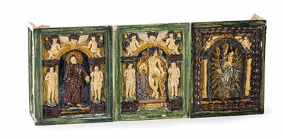 Sieben Historismus-Ofenkacheln im Renaissancestil, C. Grumm, Salzburg um 1880 - Antiques