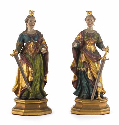 Zwei Heiligenfiguren Hl. Katharina von Alexandrien und Hl. Barbara, Alpenländisch um 1800 - Asta di Natale