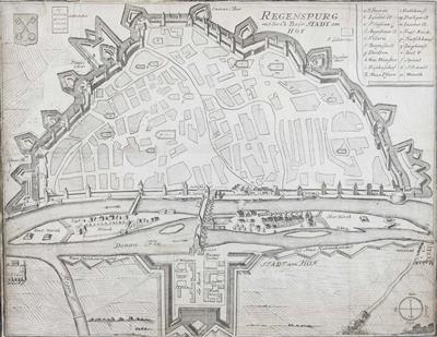 Grundrissplan der Stadt Regensburg mit Schwerpunkt der Befestigungen und der Gegend an der Donau - Vánoční aukce
