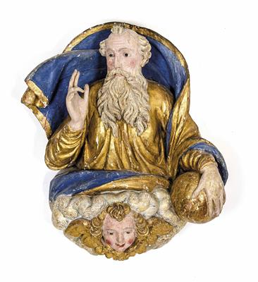 Gottvater mit Segensgestus und Weltkugel auf Wolkenbank mit geflügeltem Engelskopf, - Christmas auction