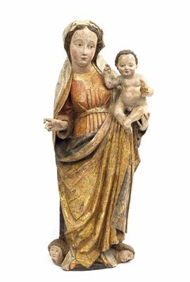 Gotische Madonna mit Kind, wohl Mondsichelmadonna, Österreich, 2. Hälfte 15. Jahrhundert - Vánoční aukce - Stříbro, sklo, porcelán, Moderní grafika, koberce