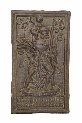 Gusseiserne Ofenplatte "Hl. Christophorus mit dem Jesuskind", datiert 166? - Vánoční aukce