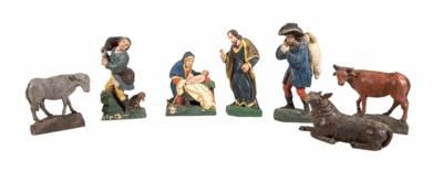Konvolut von 7 teils unterschiedlichen Krippenfiguren, Alpenländisch 19. Jahrhundert - Christmas auction - Silver, glass, porcelain, graphics, militaria, carpets