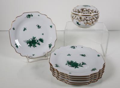 1 Deckeldose, 6 kleine Teller, Augarten, Wien, 2. Hälfte 20. Jahrhundert - Porcelán, sklo a sběratelské předměty