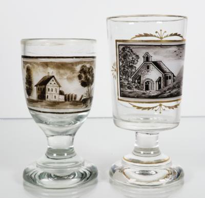 2 Fußbecher, Böhmen, 2. Viertel 19. Jahrhundert - Porcelán, sklo a sběratelské předměty