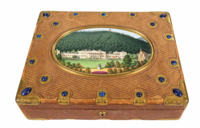 Schreibkassette mit Ansicht von Schloss Weilburg bei Baden, Wien, um 1860/70 - Porcellana, vetro e oggetti da collezione