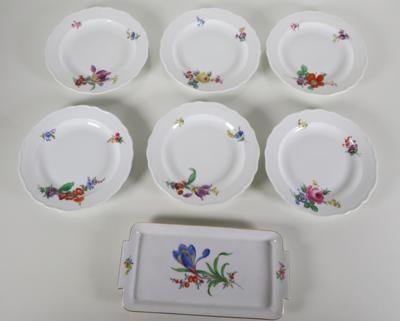 5 Teller, 1 Sandwichplatte, Meissen, um 1935/45 und 1983 - Porcelán, sklo a sběratelské předměty