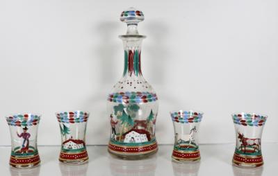 Karaffe mit Stöpsel und 4 Becher, Alpenländisch, Ende 19. Jahrhundert - Porcelán, sklo a sběratelské předměty