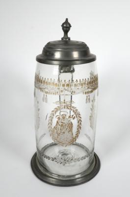 Walzenkrug mit Hl. Josef mit Jesuskind, Böhmen, Anfang 19. Jahrhundert - Porcellana, vetro e oggetti da collezione
