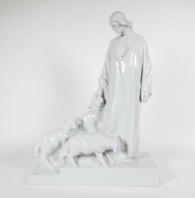 Jesus als guter Hirte mit drei Lämmern, Herend, 20. Jahrhundert - Porcelán, sklo a sběratelské předměty