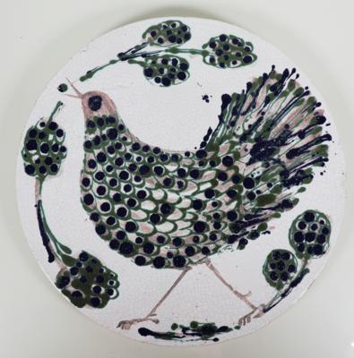 Runde Bildplatte mit Vogelmotiv, Gudrun Baudisch-Wittke, Ausführung Hallstatt Keramik, um 1970 - Porcelán, sklo a sběratelské předměty