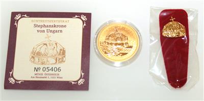 Goldmünze, 100,- Euro, "Stephanskrone von Ungarn" - Antiques, art and jewellery