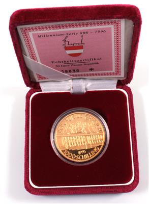 Goldmünze, 1.000,- Schilling,"50 Jahre 2. Republik" - Arte, antiquariato e gioielli