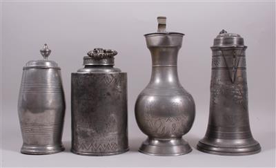 3 Zinnkannen und 1 Schraubflasche aus Zinn - Art, antiques and jewellery