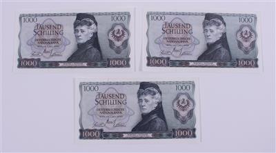 3 Banknoten, a 1.000, Schilling, "Bertha v. Suttner" - Kunst, Antiquitäten und Schmuck