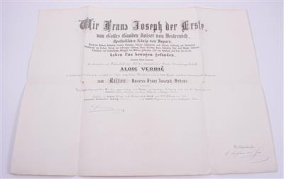Verleihungsurkunde zum Ritter des Franz Joseph Ordens - Art, antiques and jewellery