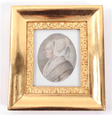 Miniaturportrait "Dame mit Trachtenhaube" - Umění, starožitnosti a šperky