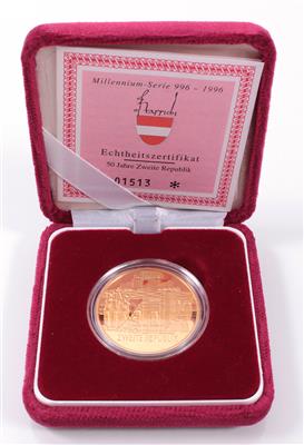 Goldmünze, 1.000,- Schilling,Österreich 1995 "50 Jahre Zweite Republik" - Umění, starožitnosti a šperky