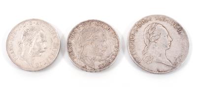 2 Doppelgulden, Franz Joseph I., 1859 (B) und 1890; 1 Kronentaler, Franz II., 1793 (A) - Antiques, art and jewellery