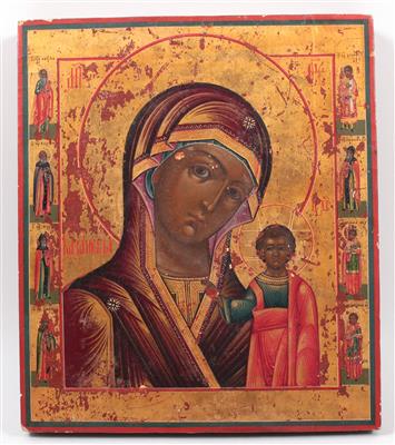 Russische Ikone "Gottesmutter von Kasan, flankiert von sechs Heiligen" - Arte, antiquariato e gioielli