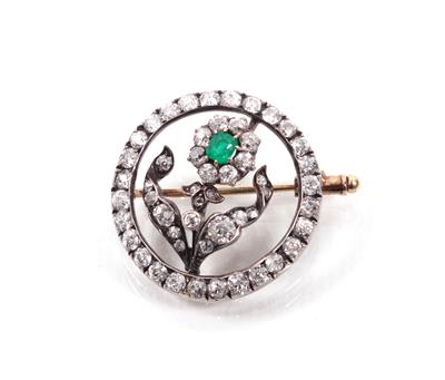 Runde Smaragd- Altschliffdiamantbrosche "Blume" - Arte, antiquariato e gioielli