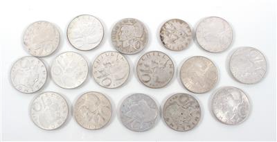 15 Silbermünzen a 10, Schilling, 1 Silbermünze 5,- Schilling, 2. Republik - Antiques, art and jewellery