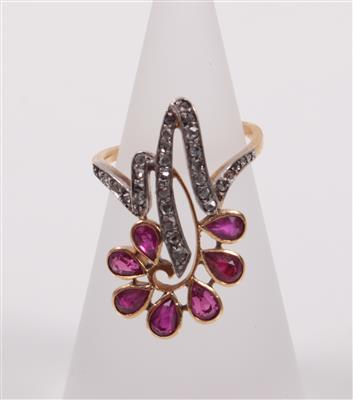 Rubin- Diamantrautendamenring - Antiques, art and jewellery