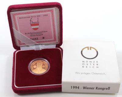 Goldmünze 500,- Schilling, "Wiener Kongress" - Umění, starožitnosti, šperky