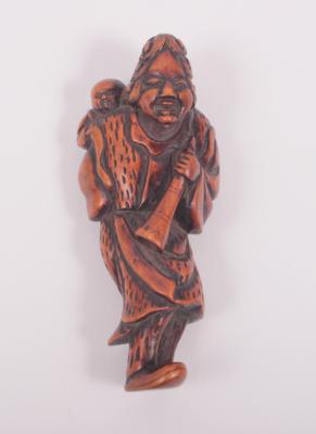 Netsuke "Mann mit Kind und Trompete" - Umění, starožitnosti, šperky