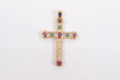 Rubin- Smaragd- Brillantkreuzanhänger - Arte, antiquariato e gioielli